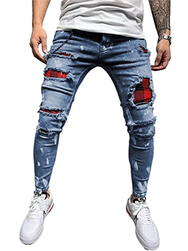 Oanviso Herren Slim Fit Destroyed Jeans Biker Hose Herren Löcher Lang Jeans Denim Hose Vintage Männer Zerrissen Jeanshose Skinny Jeanshosen Bleistifthose Hosen B Dunkelblau XXL von Oanviso