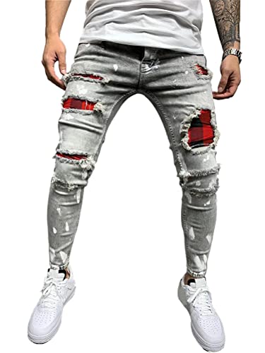 Oanviso Herren Slim Fit Destroyed Jeans Biker Hose Herren Löcher Lang Jeans Denim Hose Vintage Männer Zerrissen Jeanshose Skinny Jeanshosen Bleistifthose Hosen B Grau L von Oanviso