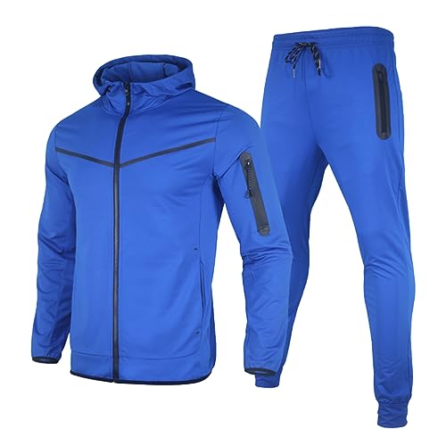 Oanviso Herren Sport 2-teiliges Set Sportanzug Traininganzug Sportjacke + Hose Jogging Anzug Freizeitanzug Mode Kapuzenjacke Slim Fit Tracksuit Einfarbig Fitness Anzug Männer Langarm A Blau L von Oanviso