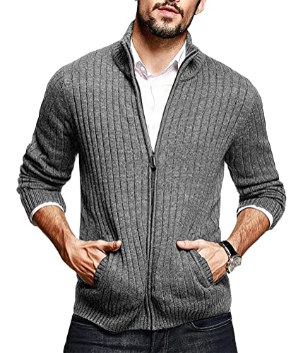 Oanviso Herren Strickjacke mit Durchgehendem Reißverschluss Strickpullover mit Taschen Langarm Stehkragen Pullunder Slim Gestrickt Cardigan Freizeitjacke Warme Winter Männer Jacke A Grau L von Oanviso