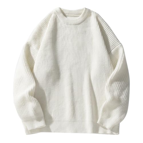 Oanviso Herren Strickpullover Rundrals-Ausschnitt Langarm Sweater Bequem und Weich Pullover Grobstrick Pulli Warm Sweater Basic Einfarbig Pullover Casual Winterpullover A Weiß XL von Oanviso