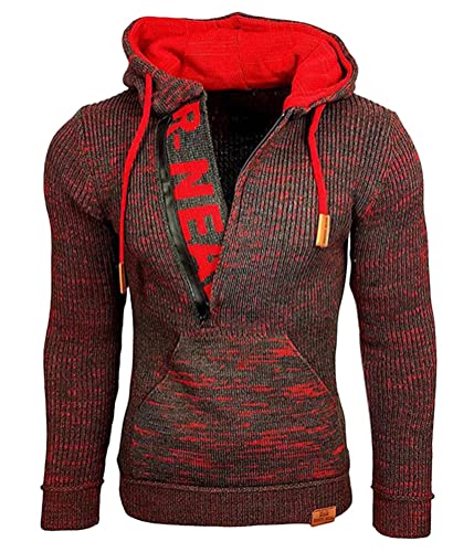 Oanviso Herren Strickpullover mit Halbem Reißverschluss Briefdruck für Männer Pullover Kapuzenkragen und Stehkragen Herren Pullover mit Taschen Winter Freizeit Warme Pulli A Schwarz Rot XXL von Oanviso