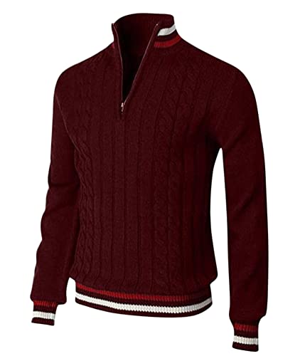 Oanviso Herren Strickpullover mit Halbem Reißverschluss Langarm Zip Neck Basic Pullunder Lässige Dick Zopfmuster Strickpullover Streifen Stehkragen Sweater Übergangspullover Winter Warm A Rotwein L von Oanviso