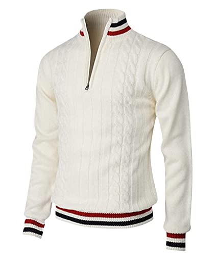 Oanviso Herren Strickpullover mit Halbem Reißverschluss Langarm Zip Neck Basic Pullunder Lässige Dick Zopfmuster Strickpullover Streifen Stehkragen Sweater Übergangspullover Winter Warm A Weiß XS von Oanviso