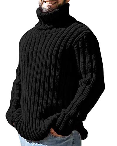 Oanviso Herren Strickpullover mit Rollkragen Zopfmuster Pullover Einfarbig Spleißen Winterpullover Grobstrick Pulli Warme Herbst Sweater Regular Fit Freizeit Pullunder Langarm Männer A Schwarz XL von Oanviso