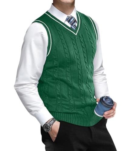 Oanviso Herren Strickweste Pullunder mit V-Ausschnitt Feinstrick Sweater Ärmellos Elegant Herbst Weste Slim Fit Jumper Pullover Männer Klassisch Wollweste B Grün L von Oanviso