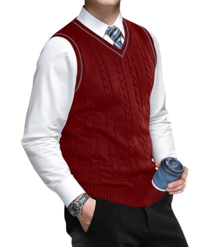 Oanviso Herren Strickweste Pullunder mit V-Ausschnitt Feinstrick Sweater Ärmellos Elegant Herbst Weste Slim Fit Jumper Pullover Männer Klassisch Wollweste B Rot M von Oanviso
