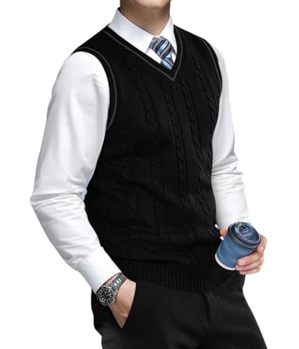 Oanviso Herren Strickweste Pullunder mit V-Ausschnitt Feinstrick Sweater Ärmellos Elegant Herbst Weste Slim Fit Jumper Pullover Männer Klassisch Wollweste B Schwarz S von Oanviso
