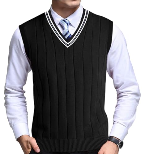 Oanviso Herren Strickweste Pullunder mit V-Ausschnitt Feinstrick Sweater Ärmellos Elegant Herbst Weste Slim Fit Jumper Pullover Männer Klassisch Wollweste D Schwarz L von Oanviso