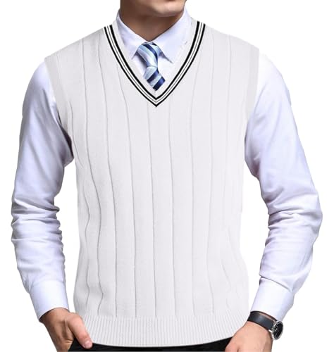 Oanviso Herren Strickweste Pullunder mit V-Ausschnitt Feinstrick Sweater Ärmellos Elegant Herbst Weste Slim Fit Jumper Pullover Männer Klassisch Wollweste D Weiß XL von Oanviso