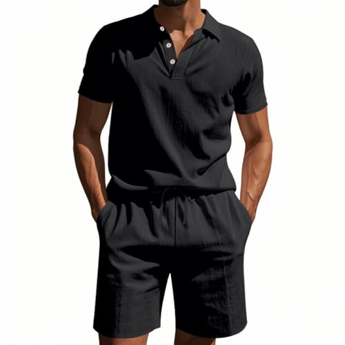 Oanviso Herren T-Shirt und Hosen Sets Freizeithemden Leinenshorts Mit Tasche Jogginganzug Freizeitanzug Hose Kurze Casual Polo Leinenhemd Sommer Sportanzug A Schwarz XL von Oanviso