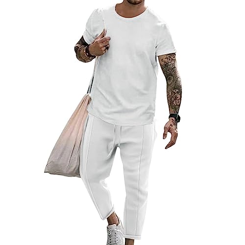 Oanviso Herren T-Shirts + Lang Hose Freizeitanzug Suit Casual Sporthose Kurzarm Tops Slim Fit T-Shirt für Männer Vintage Trainingsanzug Sportanzug Oversized A Weiß M von Oanviso