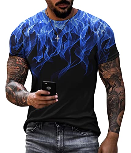 Oanviso Herren T-Shirts Sommer Tops 3D Flammendruck T-Shirt Frühling Mode Kurzarm Shirts mit Rundhalsausschnitt Freizeit T-Shirt Slim Fit Atmungsaktiv T-Shirts Sport A Blau 3XL von Oanviso