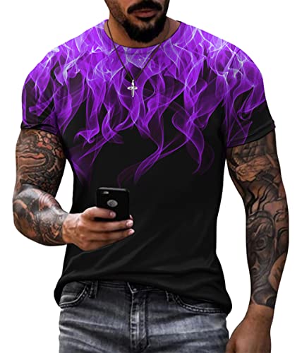 Oanviso Herren T-Shirts Sommer Tops 3D Flammendruck T-Shirt Frühling Mode Kurzarm Shirts mit Rundhalsausschnitt Freizeit T-Shirt Slim Fit Atmungsaktiv T-Shirts Sport A Lila L von Oanviso