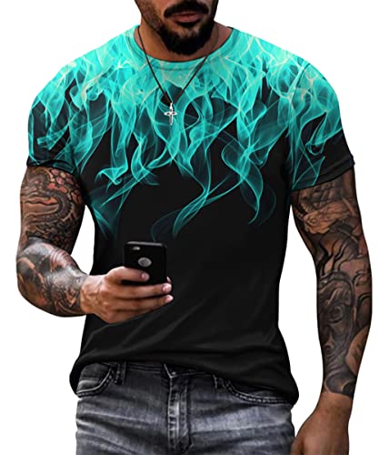 Oanviso Herren T-Shirts Sommer Tops 3D Flammendruck T-Shirt Frühling Mode Kurzarm Shirts mit Rundhalsausschnitt Freizeit T-Shirt Slim Fit Atmungsaktiv T-Shirts Sport A Türkis L von Oanviso