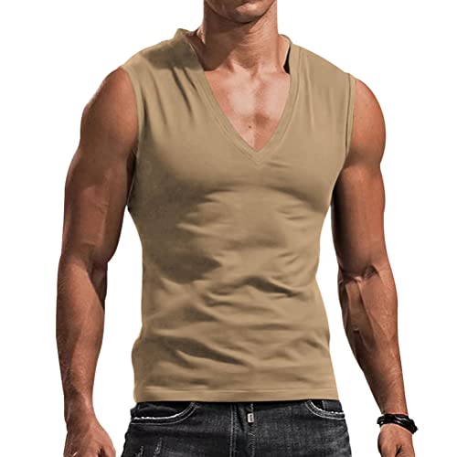 Oanviso Herren Tank Tops Ärmellose V-Ausschnitt Muskelshirt Tankshirt Tees Casual Sommer Westen Bodybuilding Unterhemd T-Shirt Athletic Tanktop Atmungsaktives Gym Tank Top A Khaki M von Oanviso