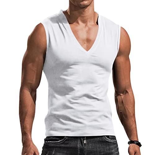 Oanviso Herren Tank Tops Ärmellose V-Ausschnitt Muskelshirt Tankshirt Tees Casual Sommer Westen Bodybuilding Unterhemd T-Shirt Athletic Tanktop Atmungsaktives Gym Tank Top A Weiß M von Oanviso