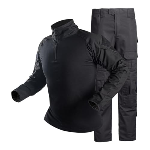 Oanviso Herren Tarnanzug Airsoft Paintball Tactical Militär Kampfjacke Sporthosen Kleidung Kampf Taktisch Uniform und Kniepolster Cargo Hose Schießen Softair Set A Schwarz L von Oanviso