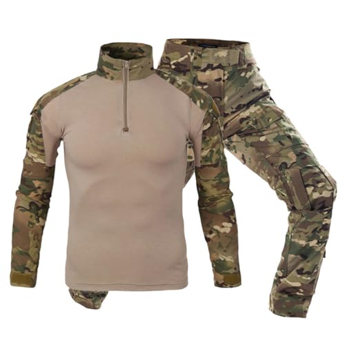 Oanviso Herren Tarnanzug Airsoft Paintball Tactical Militär Kampfjacke Sporthosen Kleidung Kampf Taktisch Uniform und Kniepolster Cargo Hose Schießen Softair Set B Hellgrün S von Oanviso