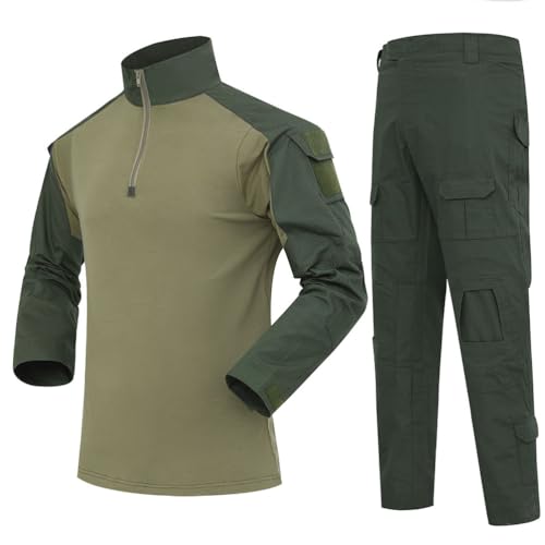 Oanviso Herren Tarnanzug Airsoft Paintball Tactical Militär Kleidung Kriegsspiel Kampf Taktisch Uniform und Kniepolster Jagdbekleidung Herren Schießen Softair Set A2 Armeegrün L von Oanviso