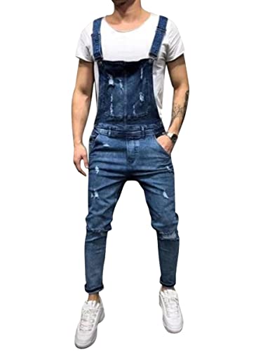 Oanviso Herren Trägerhose Lange Jeanshose Slim Fit Retro Denim Jumpsuit Arbeitslatzhose Destroyed Ripped Cowboy Overalls Beiläufige Hosen Jumpsuit Mode Workwear Strampler Overalls B Blau XS von Oanviso