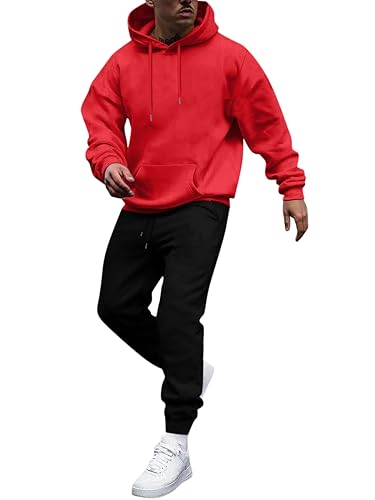 Oanviso Herren Trainingsanzug 2-Teilig Casual Jogginganzüge Kapuzenpullover + Sporthose Sets 2 Stück Leichte Sweatanzüge Unisex Tracksuit Einfacher und Modischer Sportanzug A Rot M von Oanviso