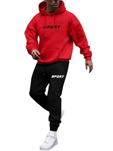 Oanviso Herren Trainingsanzug 2-Teilig Casual Jogginganzüge Kapuzenpullover + Sporthose Sets 2 Stück Leichte Sweatanzüge Unisex Tracksuit Einfacher und Modischer Sportanzug B Rot L von Oanviso