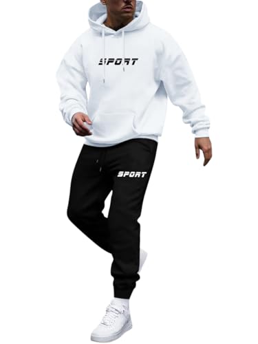 Oanviso Herren Trainingsanzug 2-Teilig Casual Jogginganzüge Kapuzenpullover + Sporthose Sets 2 Stück Leichte Sweatanzüge Unisex Tracksuit Einfacher und Modischer Sportanzug B Weiß L von Oanviso