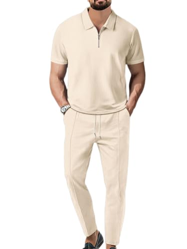 Oanviso Herren Trainingsanzug Jogginganzug Basic T-Shirt mit Revers Mode Oberbekleidung und Sporthosen Männer Slim Fit Poloshirts Vintage Polohemd für Sommer A Khaki M von Oanviso