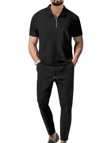 Oanviso Herren Trainingsanzug Jogginganzug Basic T-Shirt mit Revers Mode Oberbekleidung und Sporthosen Männer Slim Fit Poloshirts Vintage Polohemd für Sommer A Schwarz M von Oanviso