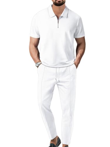 Oanviso Herren Trainingsanzug Jogginganzug Basic T-Shirt mit Revers Mode Oberbekleidung und Sporthosen Männer Slim Fit Poloshirts Vintage Polohemd für Sommer A Weiß XL von Oanviso