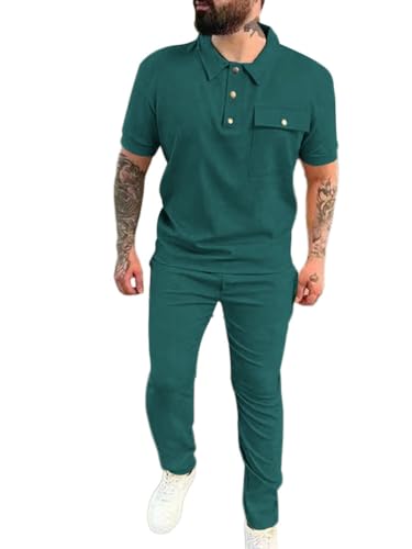 Oanviso Herren Trainingsanzug Jogginganzug Basic T-Shirt mit Revers Mode Oberbekleidung und Sporthosen Männer Slim Fit Poloshirts Vintage Polohemd für Sommer B Dunkelgrün XL von Oanviso