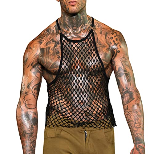 Oanviso Herren Unterhemd Transparent T-Shirt Ärmellos Netz Sexy Unterwäsche Weste Netzhemd Fischernetzshirt Perspektivische Männer Tank Top Slim Fit Gitter Streifen Muskelshirt A Schwarz XS von Oanviso