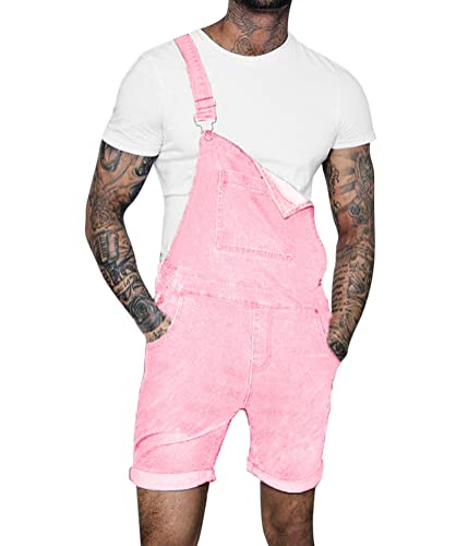 Oanviso Herren Vintage Bibs Jumpsuit Denim Strap Kurze Jumpsuit Lässiges Arbeitshose Jumpsuit Stilvoll Latzhose Overalls mit Taschen Sommer Zerrissene Loch Kurze Jean Jumpsuit A Rosa L von Oanviso