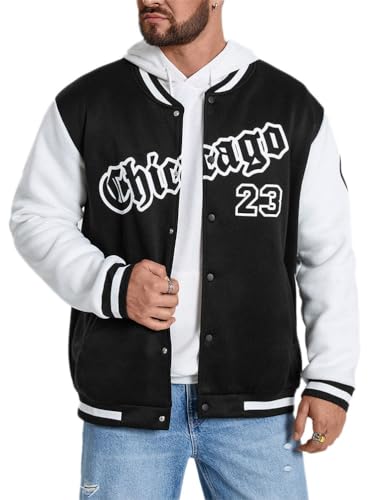 Oanviso Herren Vintage College Jacke Bomberjacke Baseball Jacke Übergangsjacke Oversized Druck Jacken Plüsch Mantel mit Knöpfen Mode Sweatjacke für Winter Herbst A Schwarz S von Oanviso