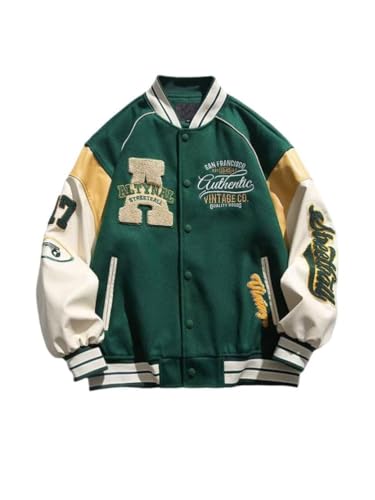 Oanviso Herren Vintage College Jacke für Jungen Bomberjacke Baseball Jacke Patchwork Übergangsjacke Oversized Druck Mantel mit Knöpfen Mode Sweatjacke für Herbst A Grün S von Oanviso