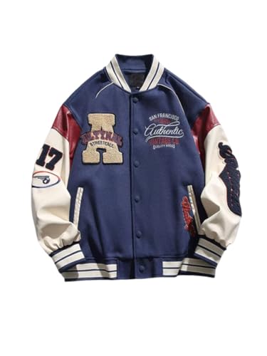 Oanviso Herren Vintage College Jacke für Jungen Bomberjacke Baseball Jacke Patchwork Übergangsjacke Oversized Druck Mantel mit Knöpfen Mode Sweatjacke für Herbst A Marine M von Oanviso