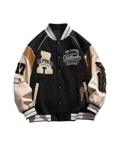 Oanviso Herren Vintage College Jacke für Jungen Bomberjacke Baseball Jacke Patchwork Übergangsjacke Oversized Druck Mantel mit Knöpfen Mode Sweatjacke für Herbst A Schwarz S von Oanviso