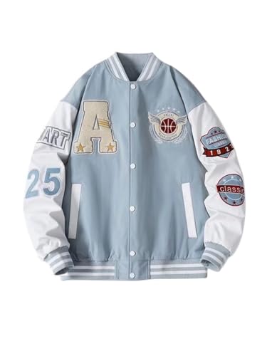 Oanviso Herren Vintage College Jacke für Jungen Bomberjacke Baseball Jacke Patchwork Übergangsjacke Oversized Druck Mantel mit Knöpfen Mode Sweatjacke für Herbst B Bleu Clair S von Oanviso