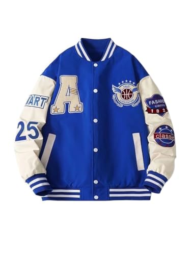 Oanviso Herren Vintage College Jacke für Jungen Bomberjacke Baseball Jacke Patchwork Übergangsjacke Oversized Druck Mantel mit Knöpfen Mode Sweatjacke für Herbst B Dunkelblau XXL von Oanviso