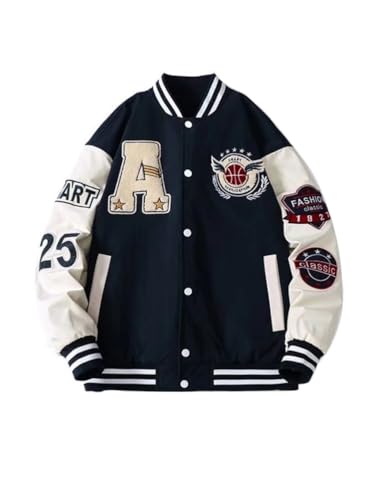 Oanviso Herren Vintage College Jacke für Jungen Bomberjacke Baseball Jacke Patchwork Übergangsjacke Oversized Druck Mantel mit Knöpfen Mode Sweatjacke für Herbst B Marine L von Oanviso