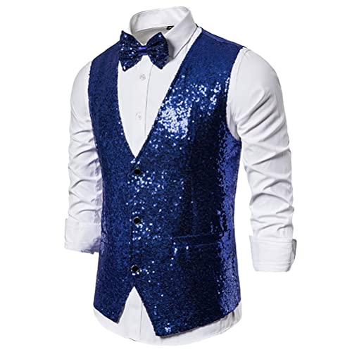 Oanviso Herren Weste Pailletten Weste V-Ausschnitt Anzug Weste Formelle Anzugwesten Party Kleidweste Ärmellos Vest Host Westen Freizeit Regular Fit für Hochzeitsfeier Weste Aufführungen A Blau L von Oanviso