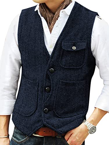 Oanviso Herren Weste Vintage Westen mit Taschen und Knöpfe Herbst Klassische Weste V-Ausschnitt Winter Herrenwesten Ärmellos Steppweste Einfarbig Freizeitweste Slim Fit Anzugweste A Dunkelblau XL von Oanviso