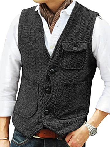 Oanviso Herren Weste Vintage Westen mit Taschen und Knöpfe Herbst Klassische Weste V-Ausschnitt Winter Herrenwesten Ärmellos Steppweste Einfarbig Freizeitweste Slim Fit Anzugweste A Schwarz L von Oanviso