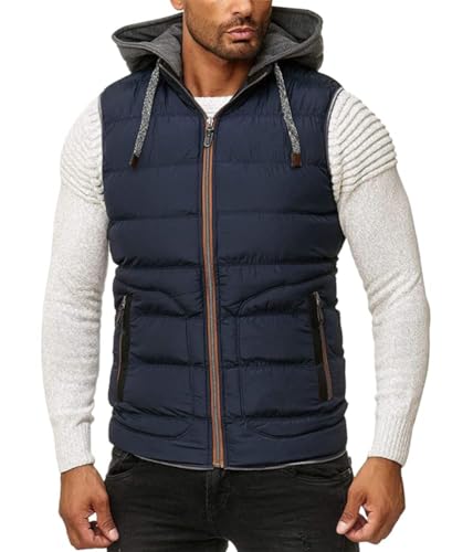 Oanviso Herren Weste mit Kapuze Zip Moderne Stepp-Weste Ärmellose Sportweste Einfarbig Basic Vest Übergangsjacke mit Reißverschluss Tasche Freizeit Outdoor Style A Navy Blau XL von Oanviso