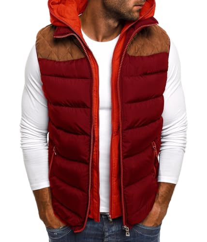 Oanviso Herren Weste mit Kapuze Zip Moderne Stepp-Weste Ärmellose Sportweste Einfarbig Basic Vest Übergangsjacke mit Reißverschluss Tasche Freizeit Outdoor Style B Rotwein XXL von Oanviso