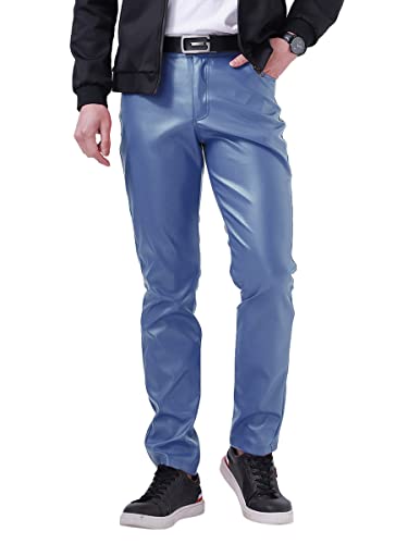 Oanviso Herrenhose Einfarbig PU Lederhose Slim Fit Vintage Freizeithose Klassisch Faux Leder Bikerhose Weich Bequem Sporthose Winddicht Hose mit 4 Taschen Business Thin Motorrad Hose A Blau XL von Oanviso