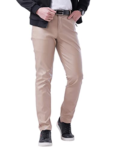 Oanviso Herrenhose Einfarbig PU Lederhose Slim Fit Vintage Freizeithose Klassisch Faux Leder Bikerhose Weich Bequem Sporthose Winddicht Hose mit 4 Taschen Business Thin Motorrad Hose A Khaki S von Oanviso