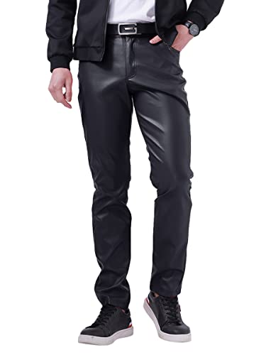 Oanviso Herrenhose Einfarbig PU Lederhose Slim Fit Vintage Freizeithose Klassisch Faux Leder Bikerhose Weich Bequem Sporthose Winddicht Hose mit 4 Taschen Business Thin Motorrad Hose A Schwarz XL von Oanviso