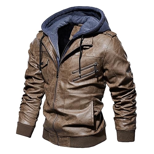 Oanviso Herrenjacke Lederjacke Warme Mantel Winter Jacken mit Kapuze PU Leather Jacket Herbst Mäntel Motorrad Kunstleder Jacket mit Zip Bikerjacke Männer A Khaki XL von Oanviso
